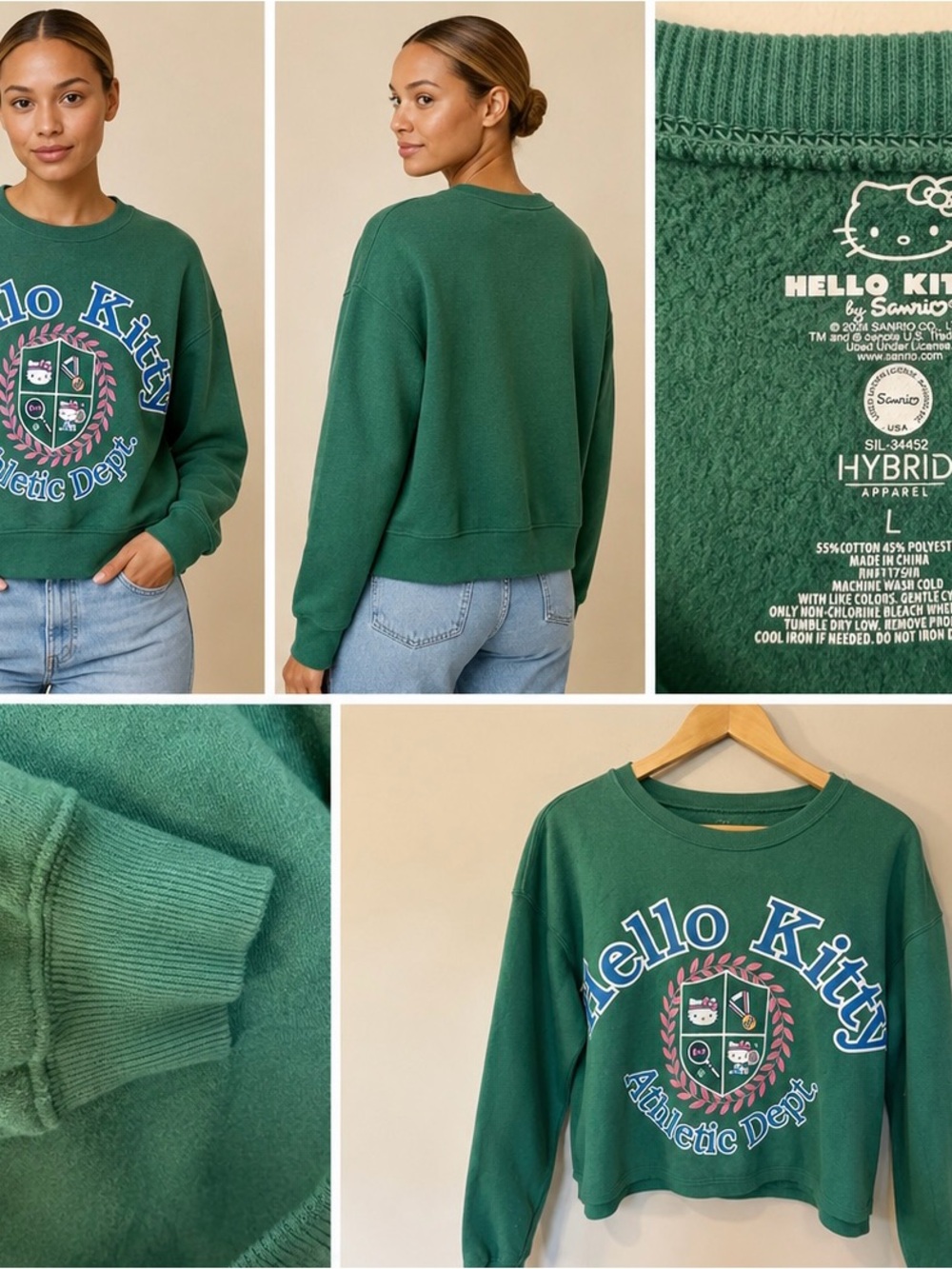 Hello Kitty Green Cropped Crewneck Sweatshirt with Pink & Blue Crest - Picture 2 of 6